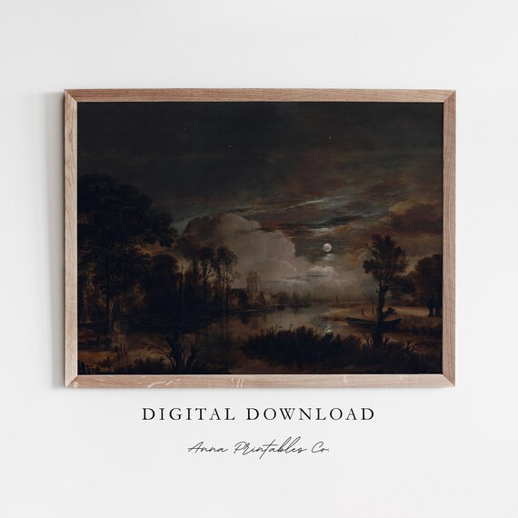 Moonlit Night River Vintage Gothic Nocturne Landscape Art Poster