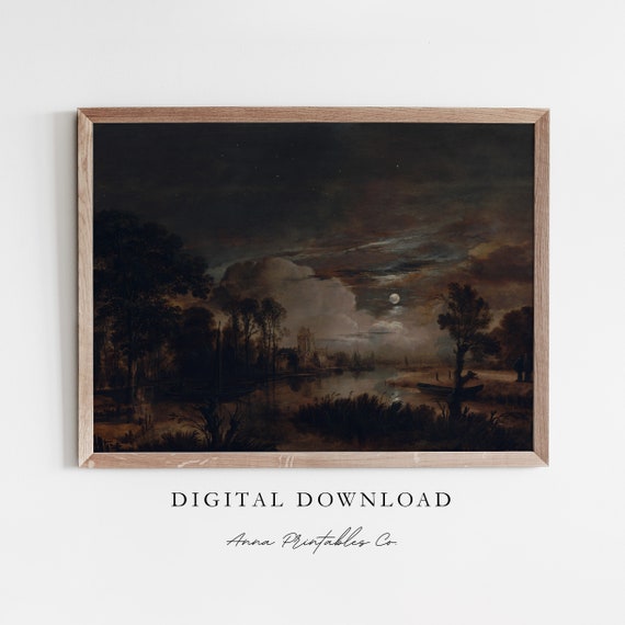 Vintage Gothic Landscape Painting Dark Academia Decor Wall Art Goth Art Print Night Sky Painting
