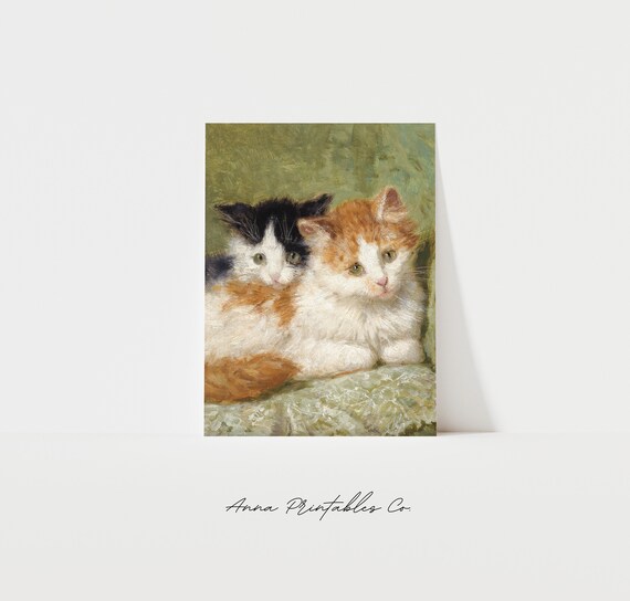Two Antique Kittens Cuddling Victorian Oil Painting Cat Poster