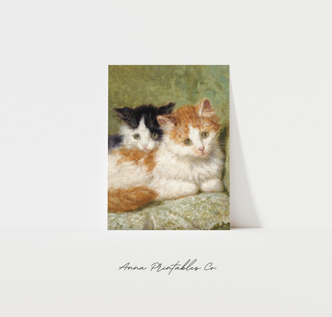 Two Antique Kittens Cuddling Victorian Oil Painting Cat Poster