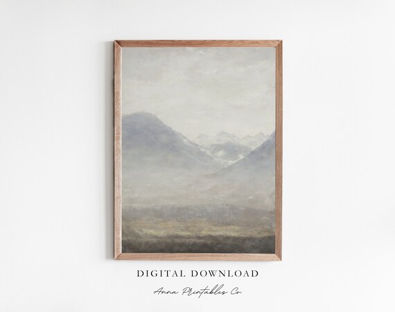 Hazy Mountain Scene Antique Abstract Landscape Painting Vintage Neutral Tone Wall Art Farmhouse Decor Print
