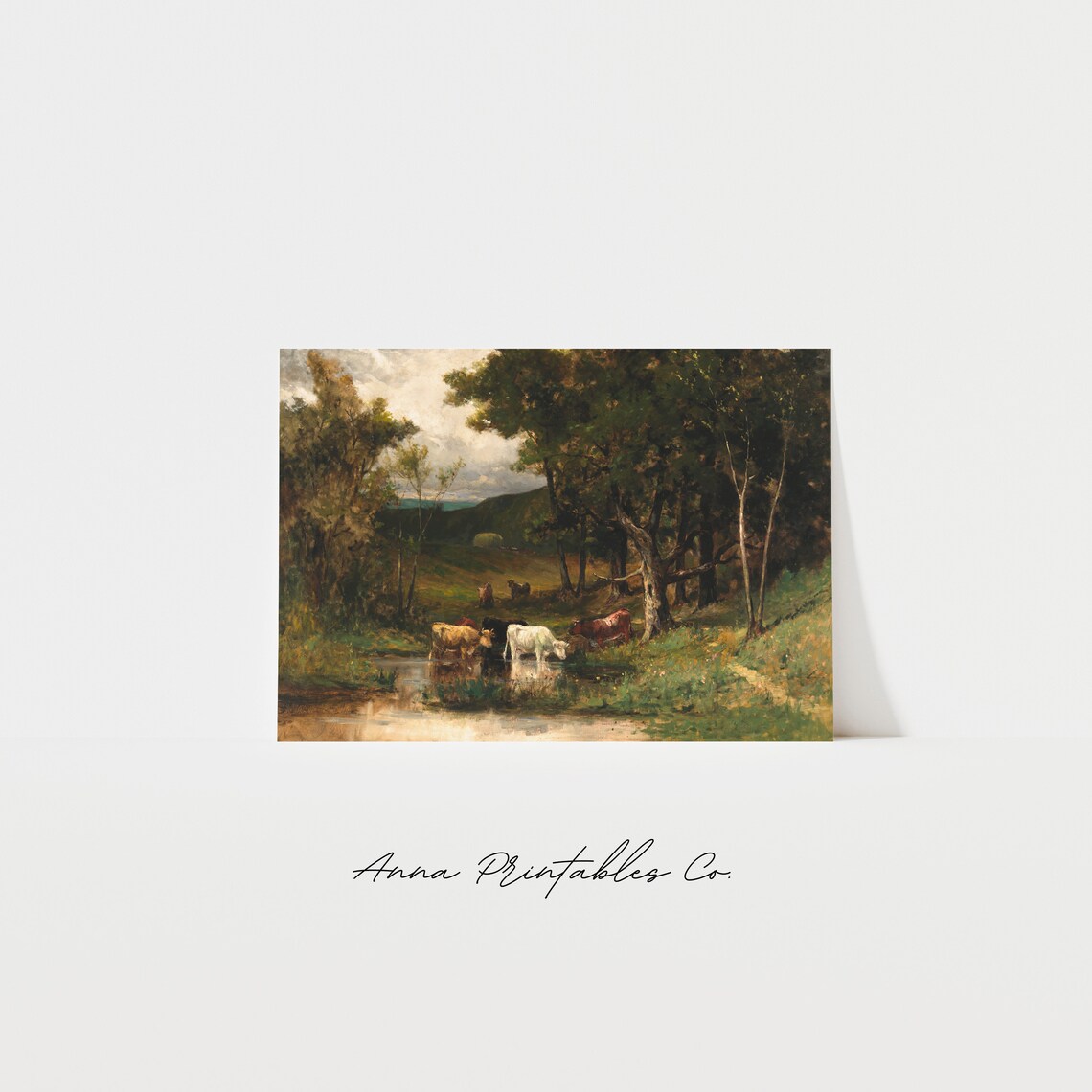 Vintage Cattle Near Stream, Moody Country Landscape Print