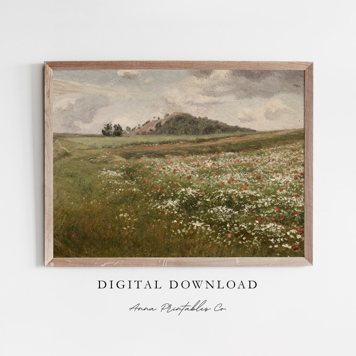 Field Of Red And White Flowers Vintage Oil Painting Mountain Landscape Wall Art Antique Landscape Art Print Poppy Field