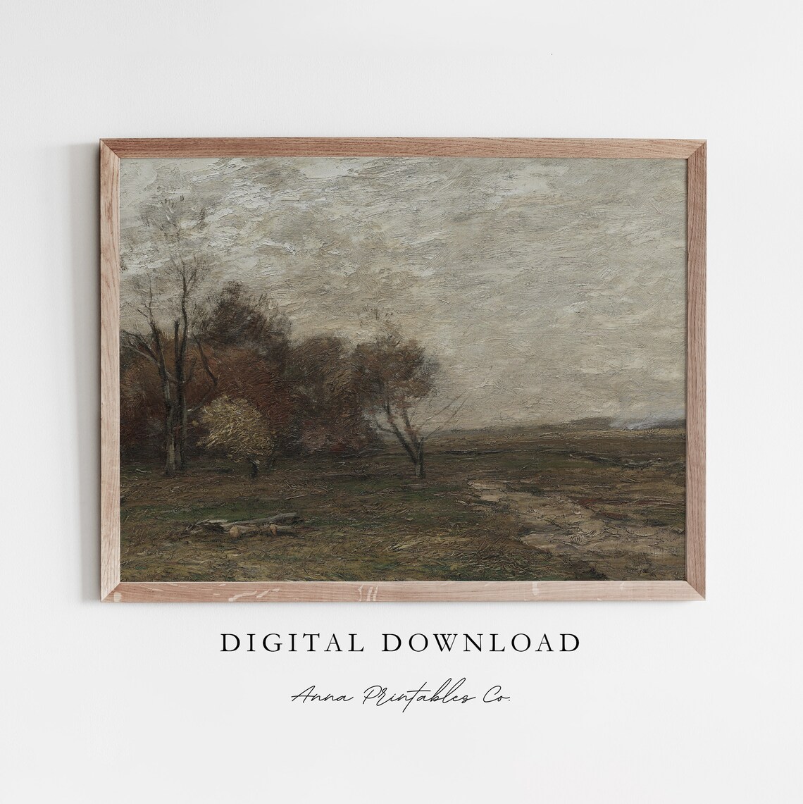 Vintage Moody Autumn Field Gray Sky Tonal Landscape Art Poster