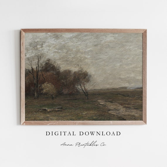 Hazy Gray Day Antique Moody Landscape Painting For Muted Neutral Tone Wall Art Farmhouse Decor Art Print