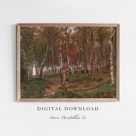 Autumn Birch Forest Path Vintage Fall Woodland Painting Poster