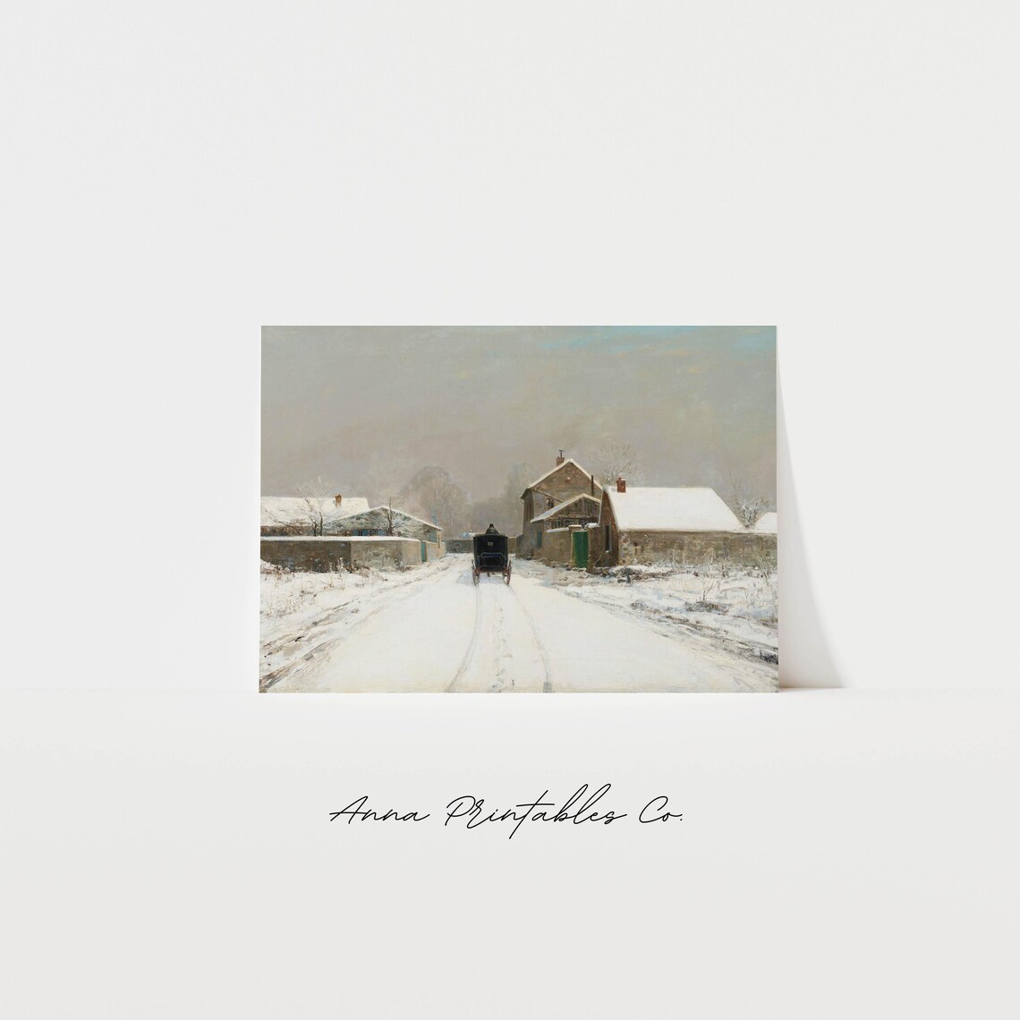 Snowy Village Road With Carriage Stone Cottages Winter Painting Poster