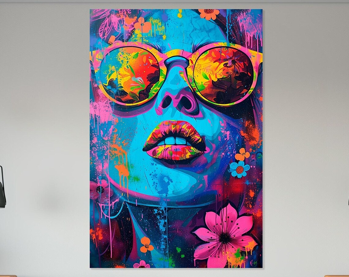 Abstract Girl Portrait with Glasses Blue Wall Art Print