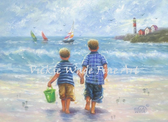 Two Beach Boys Art Print Two Brothers Beach Wall Art Boys Room Beach Art Sailboats Lighthouse Ocean Little Boys Bedroom Art Wade Art