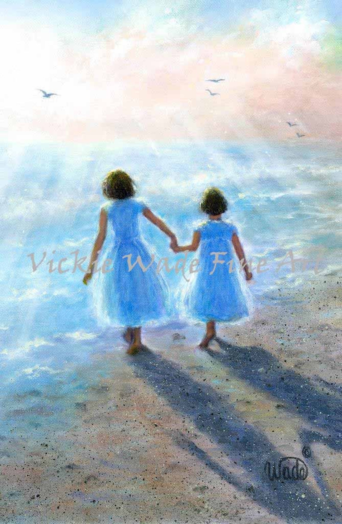 Two Little Sisters Holding Hands Walking on a Sunlit Beach Poster