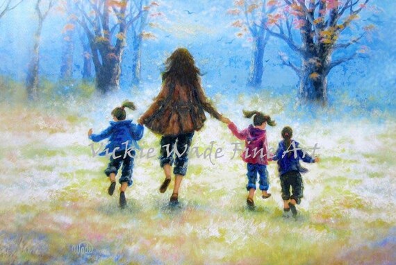 Mother Three Daughters Art Print Three Girls Mom Out For A Walk In The Trees Three Sisters Mom Gift Art Painting Vickie Wade Art