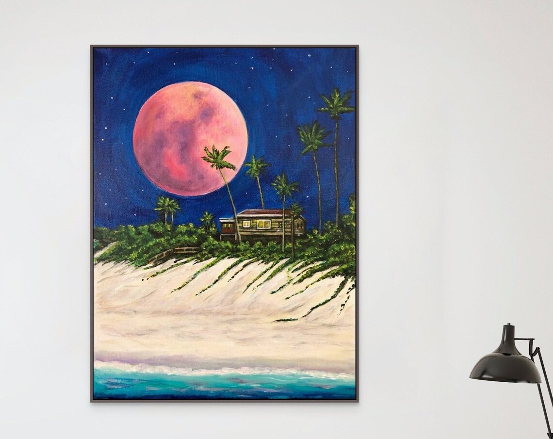 Pink Moon Beach Night Painting Palm Trees Cottage Tropical Art Poster