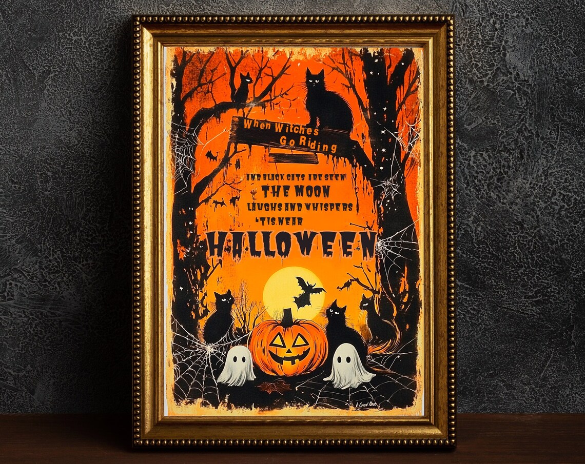 Vintage Halloween When Witches Go Riding Quote Black Cats Poster