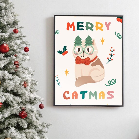 Merry Catmas Cat With Glasses and Red Bow Tie Christmas Poster