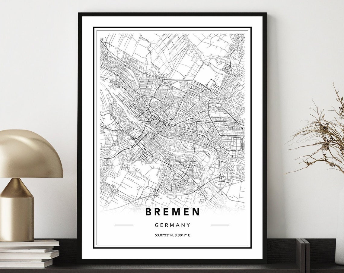 Modern Minimalist Bremen Germany Black and White City Map Poster