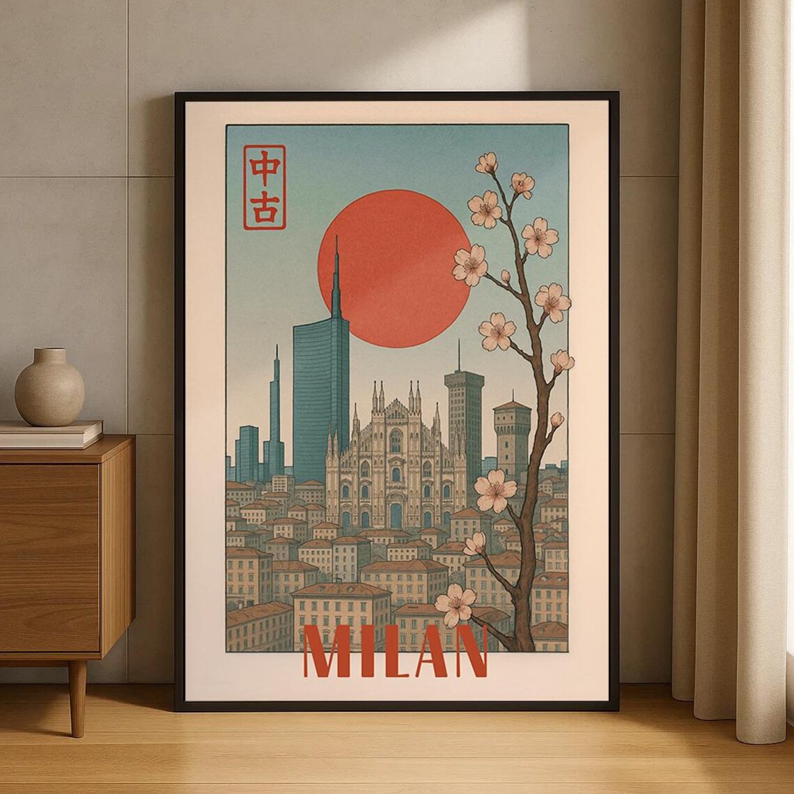 Milan Italy Japanese Style Vintage Travel Duomo Cathedral Cherry Blossom Poster