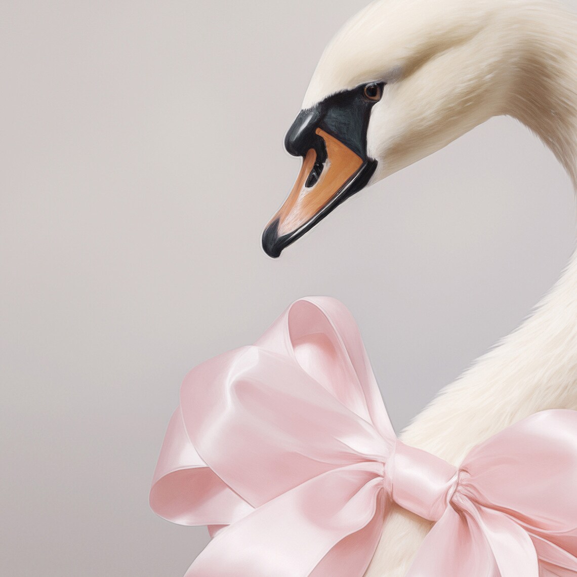 Graceful Swan Portrait with Pink Satin Bow Preppy Coquette Poster