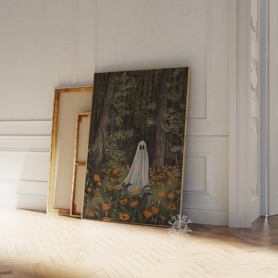 Ghost Wall Art Print Cute Ghost In Woods Ghost Poppies Wildflower Art Fall Halloween Print Cottagecore Decor