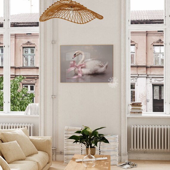 White Swan Wearing Pink Bow Elegant Coquette Nursery Wall Art