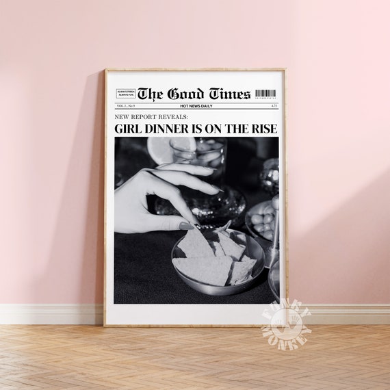 Trendy Girl Dinner Newspaper Print Headline Poster Preppy Wall Art College Apartment Decor Funky Print Bar Cart Wall Art Retro Prints