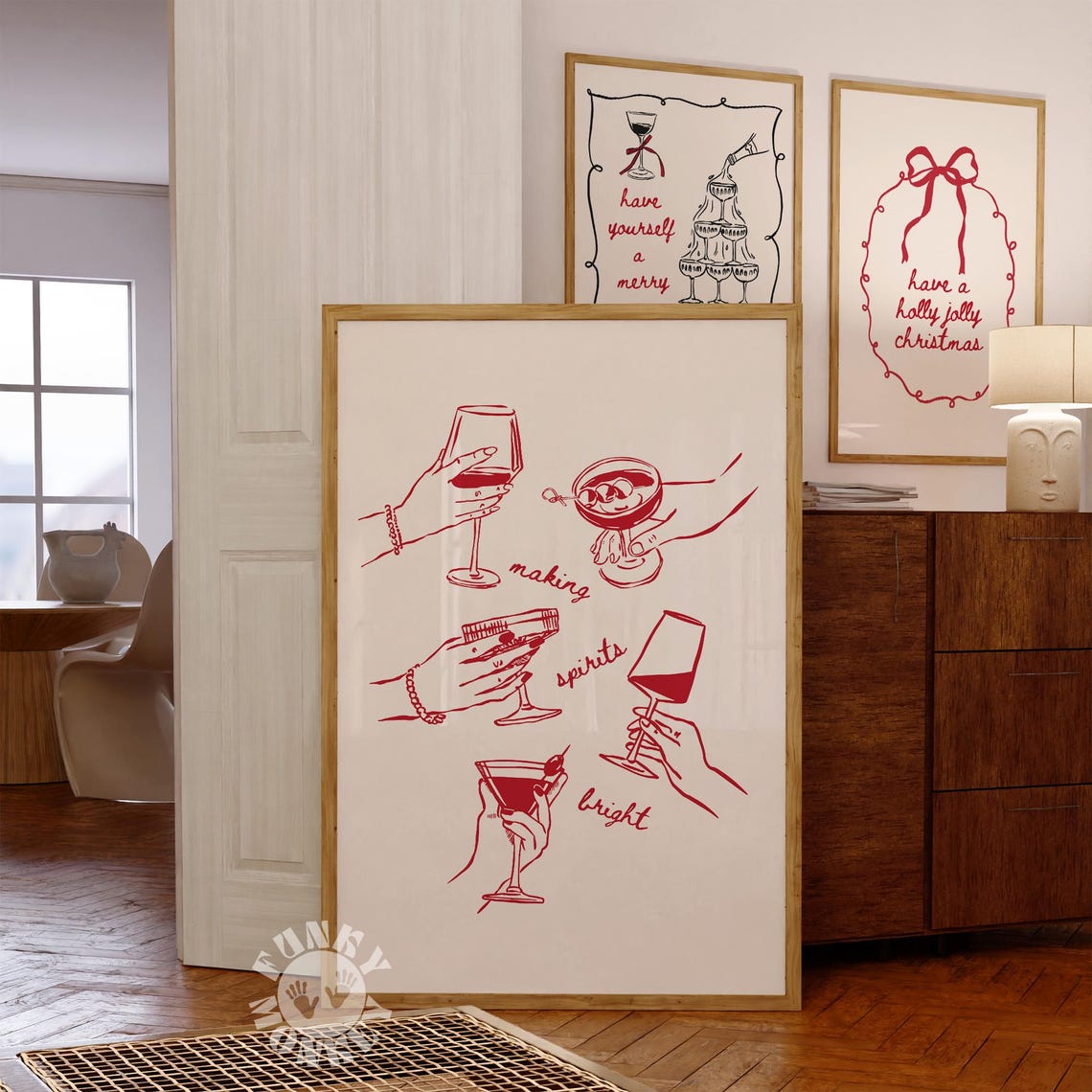 Making Spirits Bright Red Wine Glasses Line Drawing Poster Art