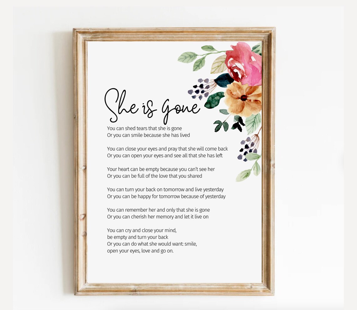 She Is Gone Pink Watercolor Floral Sympathy Memorial Poem Poster