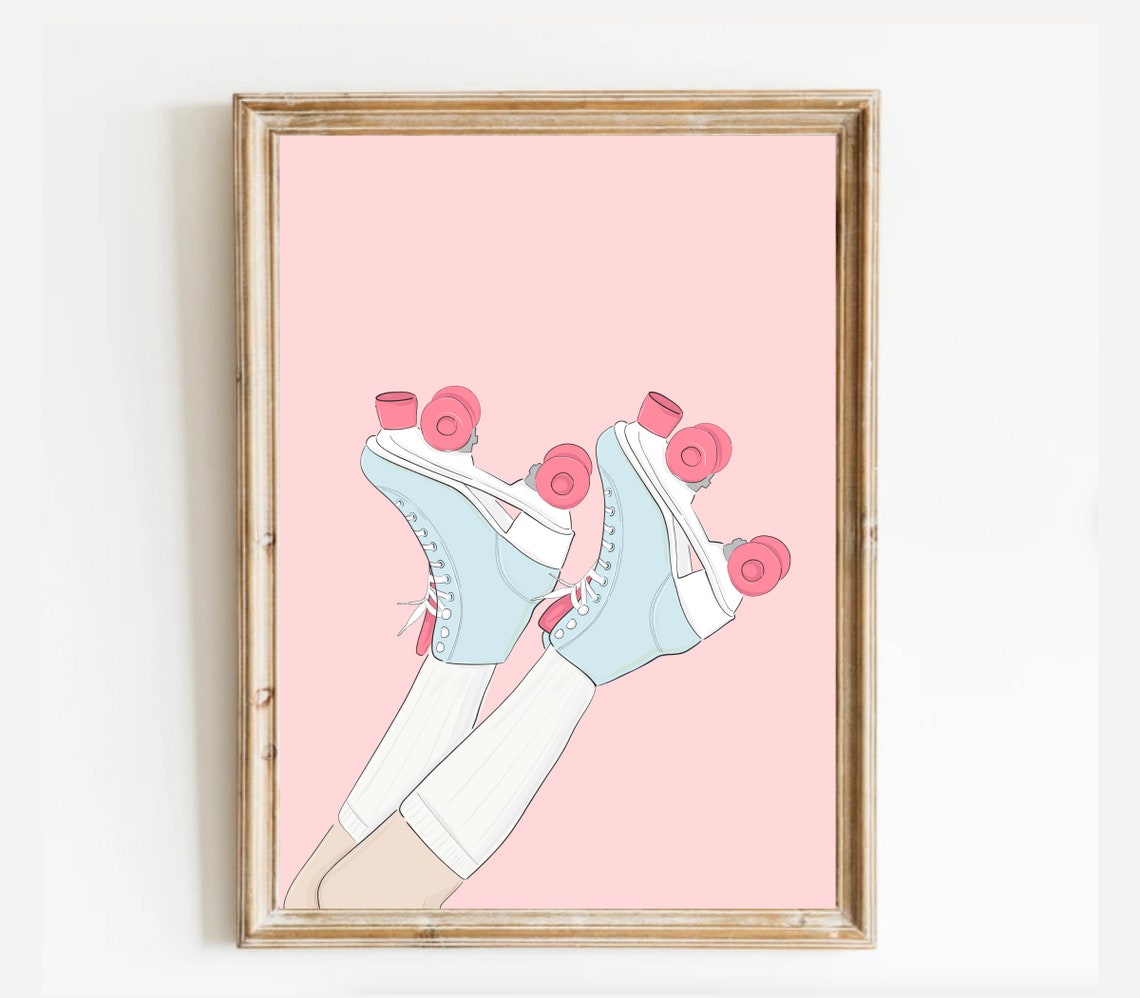 Retro Roller Skates Kicked Up on Pink Background Pop Art Print