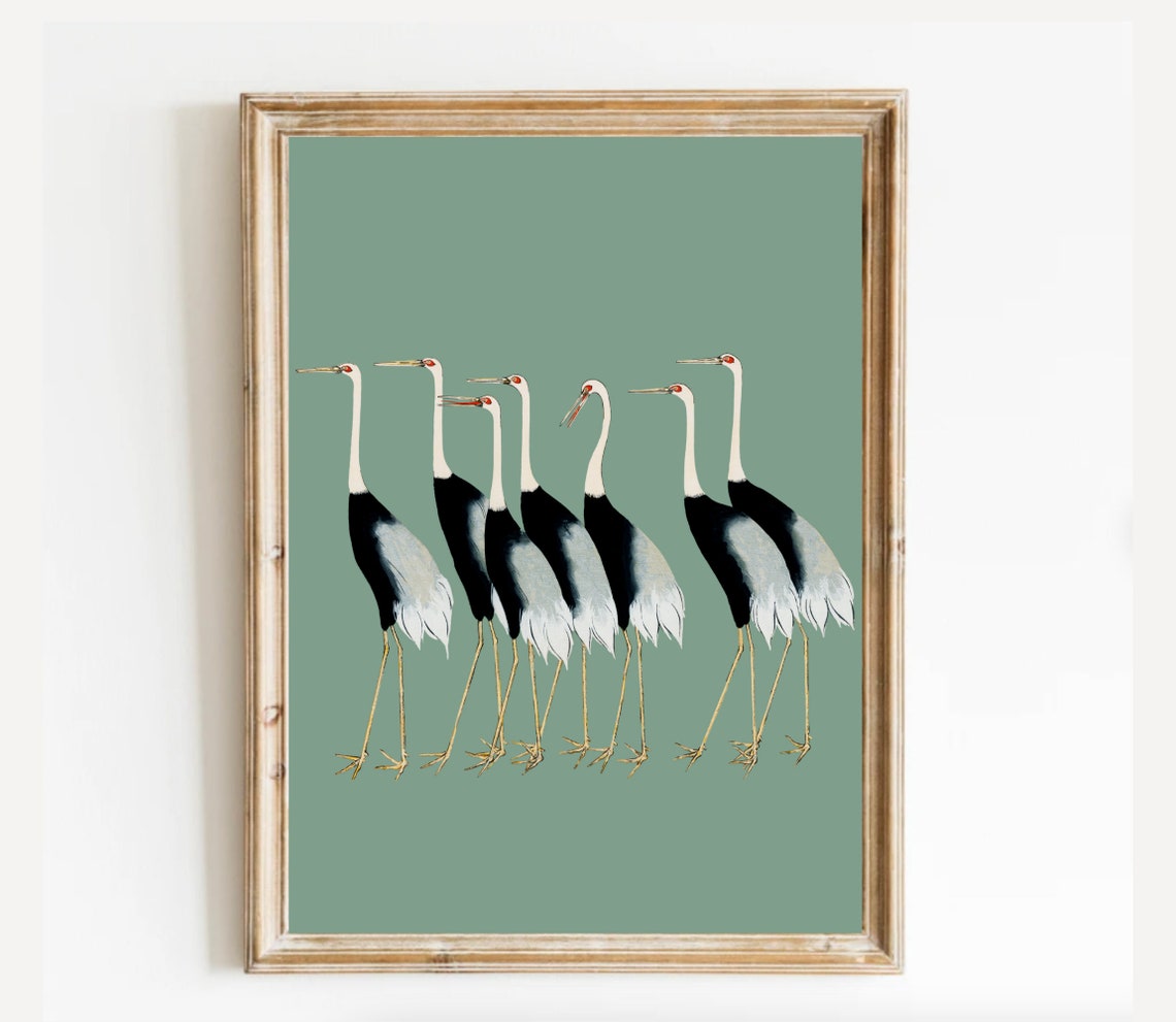 Japanese Red-Crowned Cranes on Sage Green Minimalist Art Print