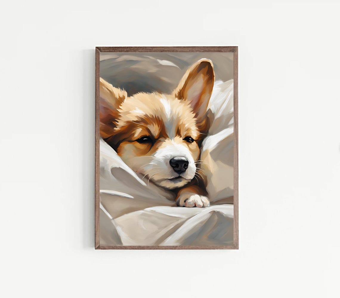 Sleepy Corgi Puppy Resting in White Sheets Cozy Napping Art Print