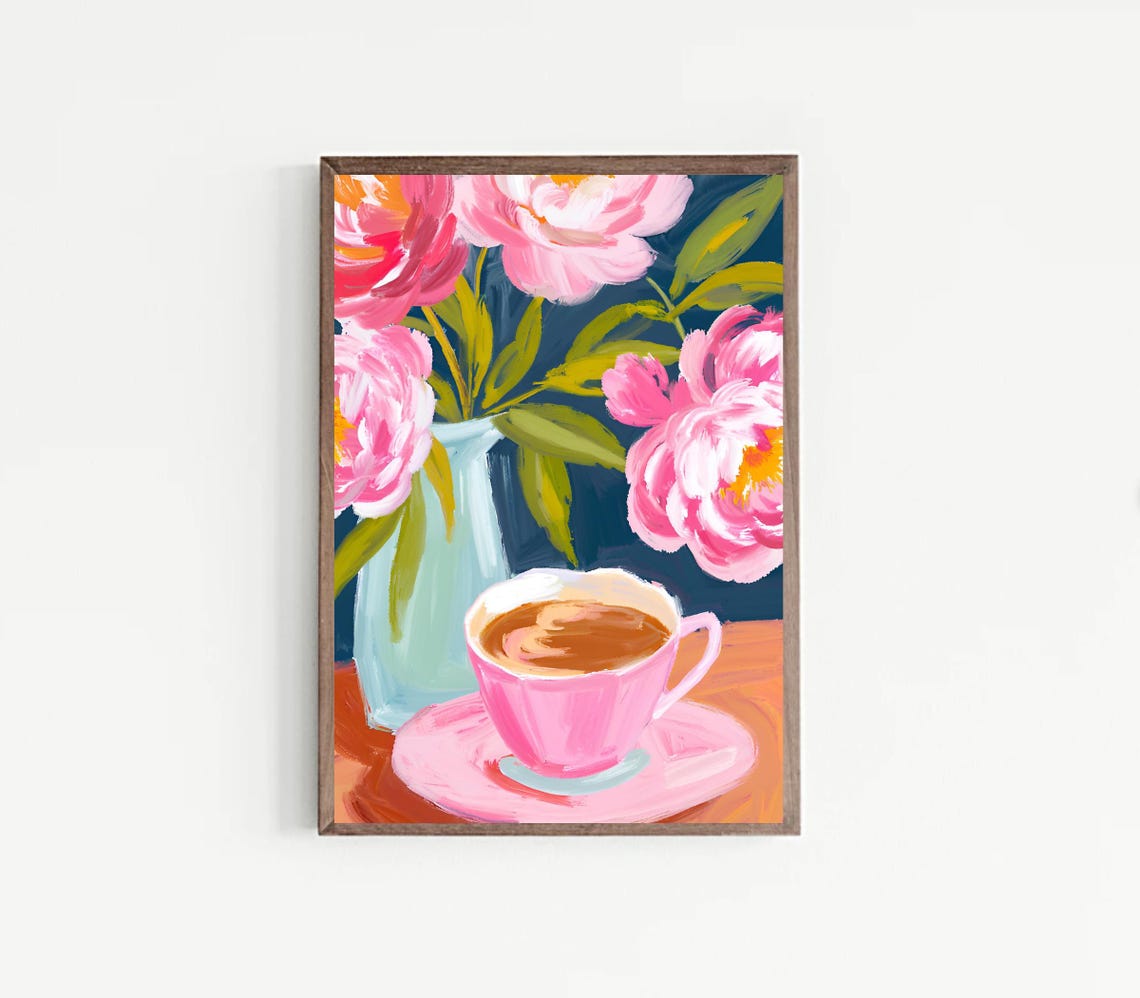 Pink Coffee Cup and Peonies Bouquet Painted Floral Decor Wall Art