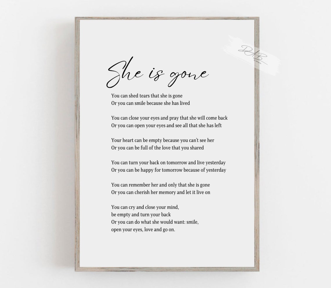 She Is Gone Elegant Minimalist Script Sympathy Memorial Poem Poster - Image 2