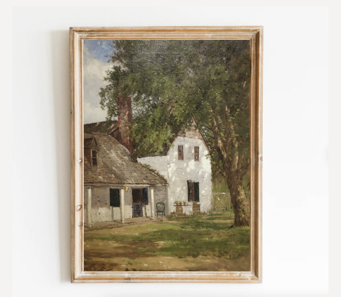 Rustic Whitewashed Farmhouse Cottage With Brick Chimney Poster