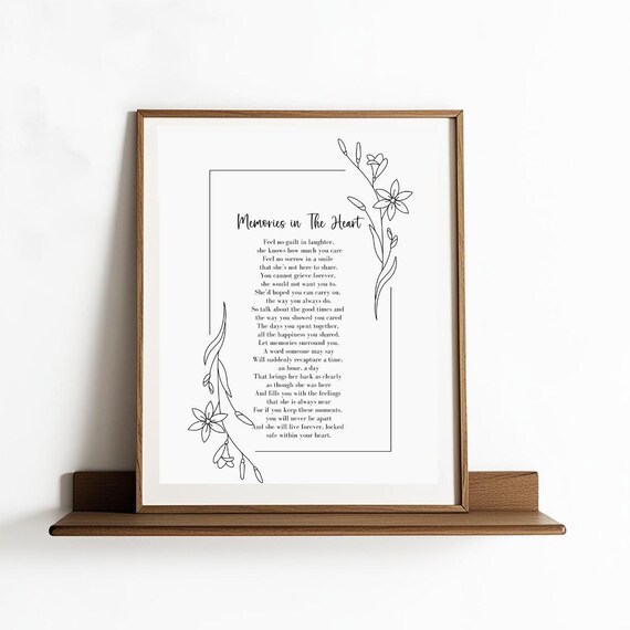 Memories in the Heart Delicate Line-Art Floral Memorial Poem Poster