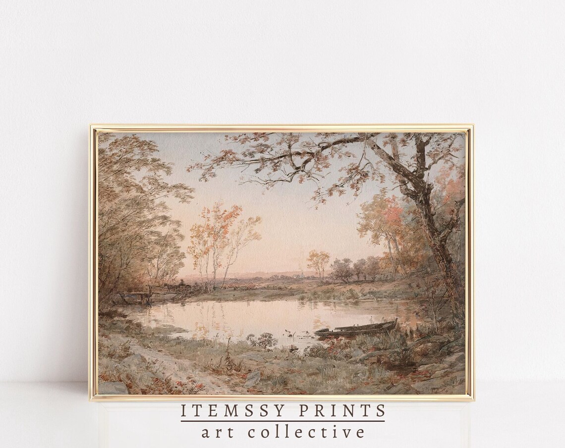 Autumn Pond With Rowboat Muted Fall Landscape Painting Poster