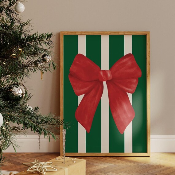 Vintage Red Christmas Bow Print, Preppy Holiday Decor