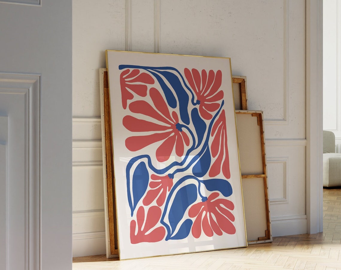 Abstract Floral Red Blue Matisse Style Retro Botanical Art Poster