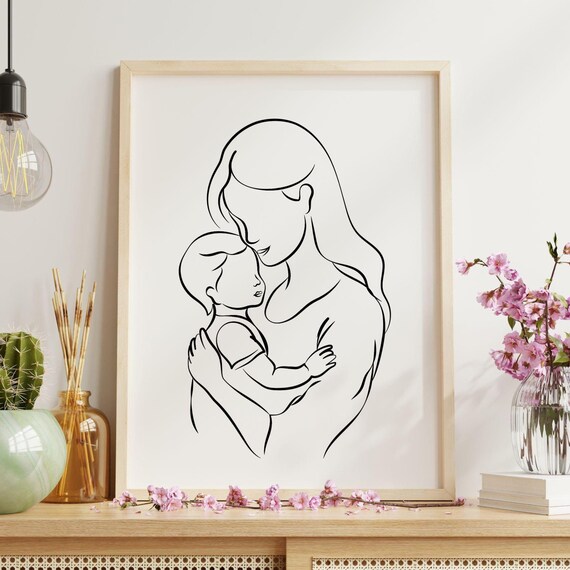 Mother and Baby Line Art Minimalist Mama Embrace Sketch Print