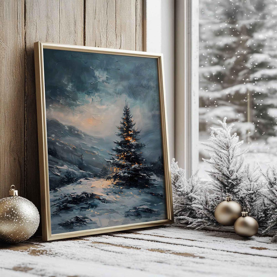 Snowy Mountain Christmas Tree With Golden Lights Winter Art Poster