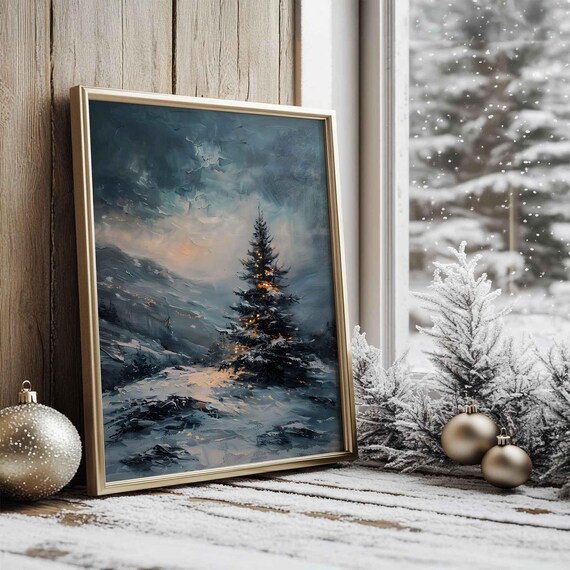 Snowy Mountain Christmas Tree With Golden Lights Winter Art Poster