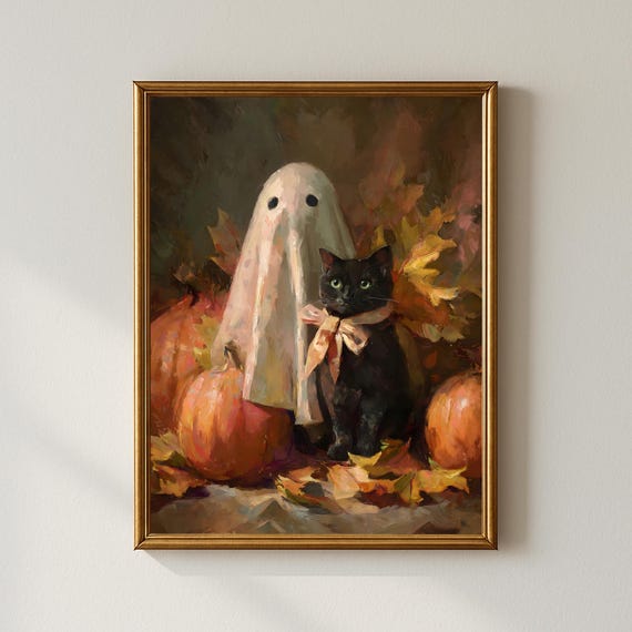 Black Cat And Cute Halloween Wall Art Vintage Fall Pumpkin Print Moody Oil Painting Style Autumn Home Decor