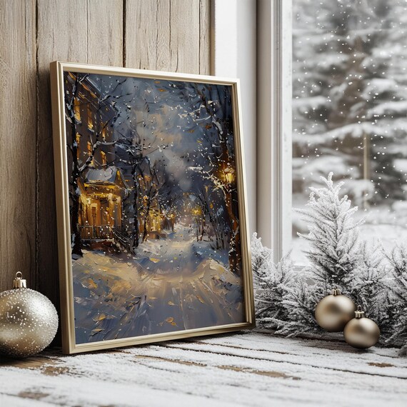 Snowy Evening Street With Glowing Lamps Winter Night Art Poster