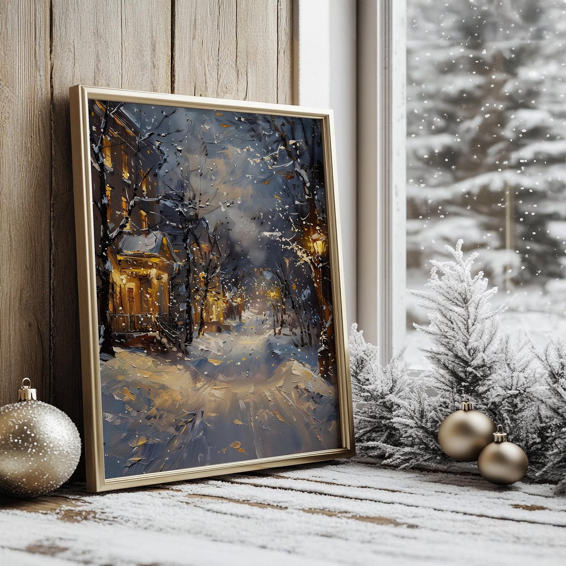 Snowy Evening Street With Glowing Lamps Winter Night Art Poster