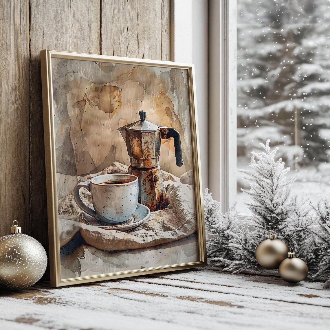 Rustic Moka Pot and Coffee Cup Watercolor Still Life Kitchen Decor Poster