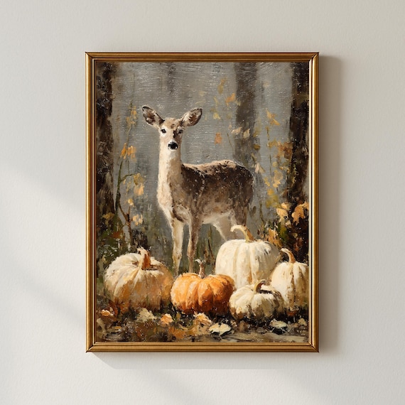 Whimsical Autumn Deer Among Pumpkins Art Print
