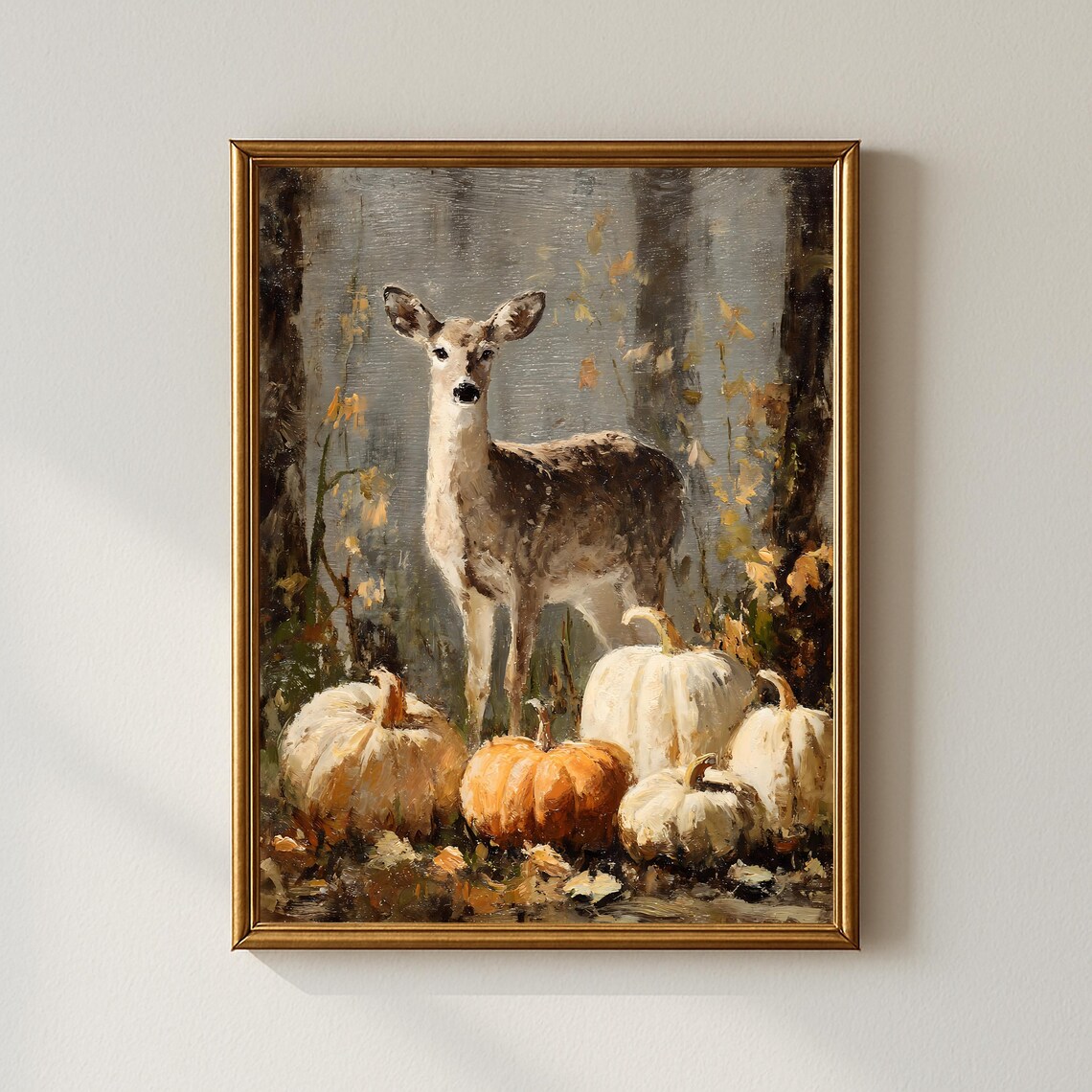 Whimsical Autumn Deer Among Pumpkins Art Print