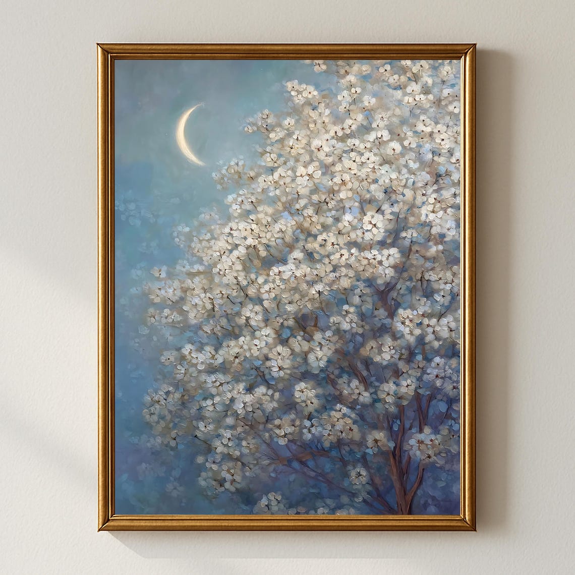 White Flowering Tree With Crescent Moon Painting Moonlit Blossom Wall Art Dreamy Night Sky Nature Print Tranquil Floral Artwork