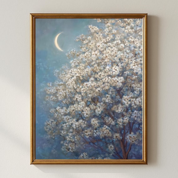 White Flowering Tree With Crescent Moon Painting Moonlit Blossom Wall Art Dreamy Night Sky Nature Print Tranquil Floral Artwork