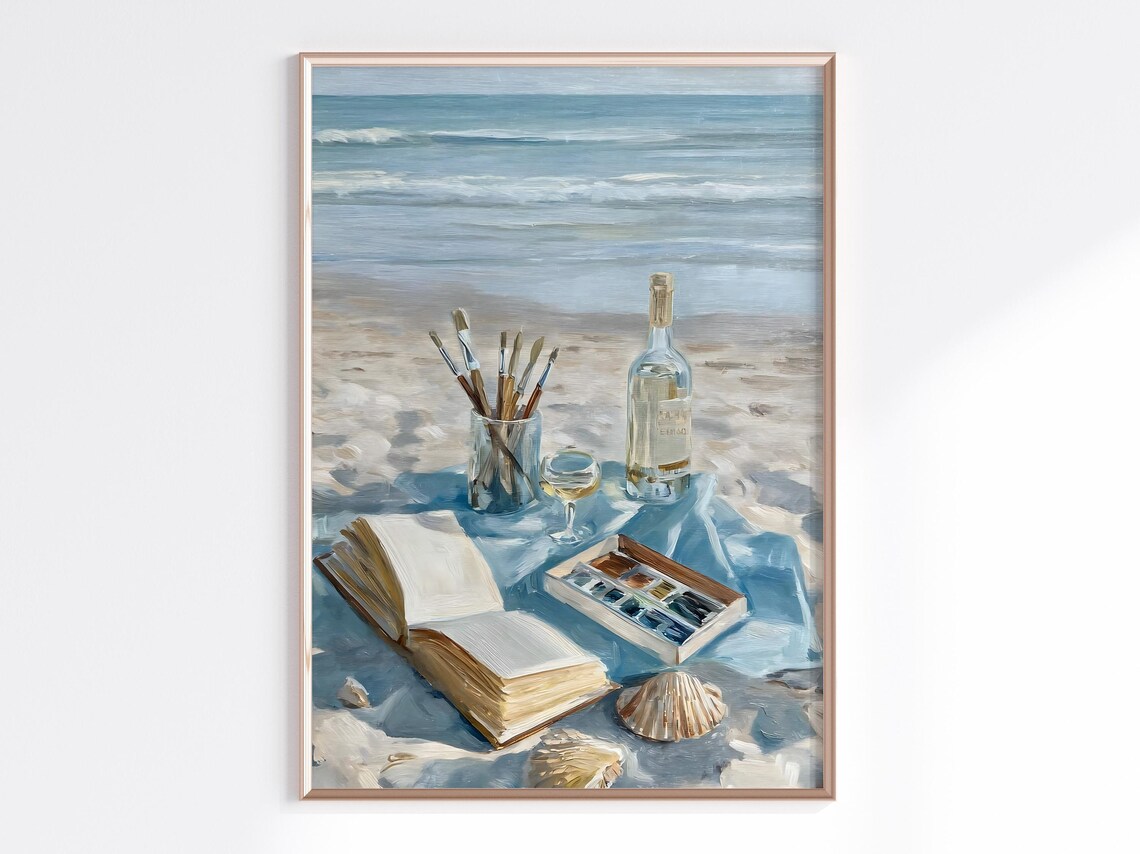 Beach Still Life Painting Wine Bottle Paintbrushes and Sketchbook Poster