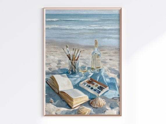 Beach Still Life Painting Wine Bottle Paintbrushes and Sketchbook Poster