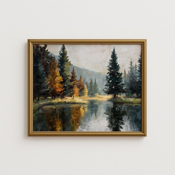 Rustic Autumn Landscape Wall Art Forest Trees Reflected In River Cozy Farmhouse Fall Decor